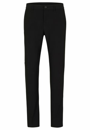 Pantaloni neri con un design su misura. Realizzati in tessuto liscio, dotati di chiusura con bottone, passanti per cintura e gambe dritte. Senza modelli visibili.