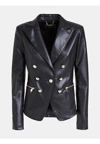 Czarna, dwurzędowa marynarka ze skóry o satynowym wykończeniu, wyposażona w srebrne guziki i kieszenie na suwak dla dodatkowego efektu.