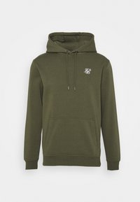 Olive green hoodie made of soft fabric, featuring a front pocket, drawstring hood, and a small white logo on the chest area.