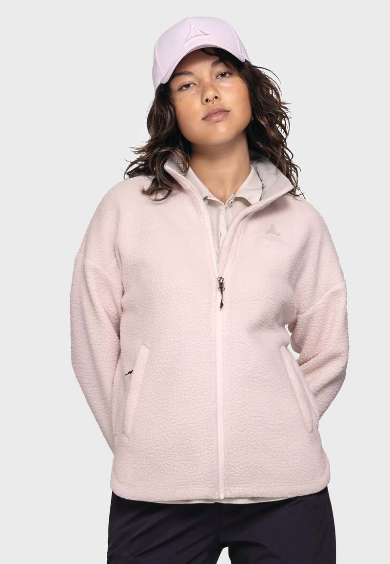 Helle rosa Fleecejacke mit Reißverschluss, zwei seitlichen Taschen und hohem Kragen. Besitzt eine dezente Textur und ein Logo auf der Brust.