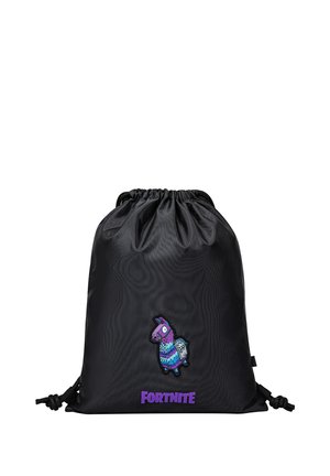 Black drawstring bag featuring a colorful Fortnite llama patch and purple "Fortnite" text below the patch.