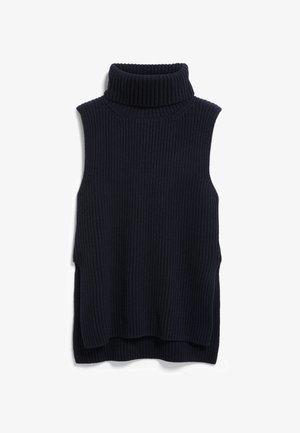 Dunkelblauer Rollkragenpullover-Weste mit geripptem Muster, ärmellosem Design und seitlichen Schlitzen für mehr Bewegungsfreiheit. Aus weichem Strickmaterial.