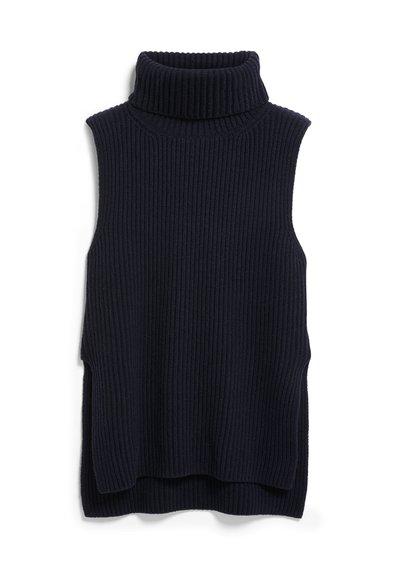 Dunkelblauer Rollkragenpullover-Weste mit geripptem Muster, ärmellosem Design und seitlichen Schlitzen für mehr Bewegungsfreiheit. Aus weichem Strickmaterial.