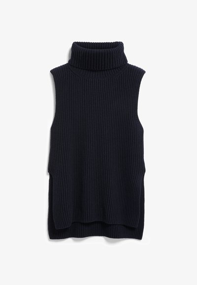 Dunkelblauer Rollkragenpullover-Weste mit geripptem Muster, ärmellosem Design und seitlichen Schlitzen für mehr Bewegungsfreiheit. Aus weichem Strickmaterial.