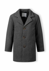 Palton din lână gri cu guler cu vârf, trei nasturi maro pentru închidere și mâneci lungi. Textură netedă și design ajustat, până la genunchi.