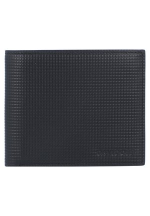 Black wallet made of textured leather with a grid pattern. Features embossed details and a slim, rectangular shape.