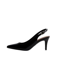 Escarpin en cuir verni noir, à bout pointu, talon fin, bride réglable, surface lisse, design classique.