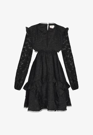 Black dress with long lace sleeves, V-neckline, ruffled hem, and textured fabric. Features decorative circular trim at the waist.