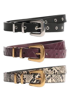 Drei gewundene Gürtel: schwarz mit silberner Schnalle und Ösen, dunkelviolett mit goldener Schnalle und gewebter Textur sowie Schlangenledermuster mit goldener Schnalle.