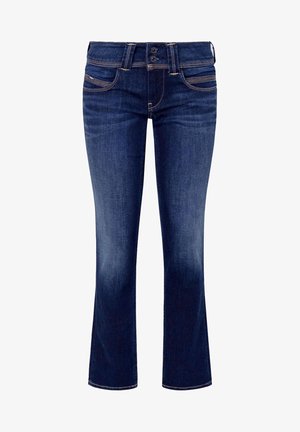 Jeans de mezclilla azul oscuro con un diseño de pierna recta, que cuentan con dos cierres de botón, bolsillos delanteros y detalles de costura en contraste.