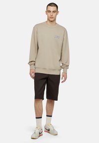 Sudadera beige con un logo en el pecho, combinada con pantalones cortos marrón oscuro y zapatillas gris claro. El conjunto presenta puños acanalados y un corte relajado.