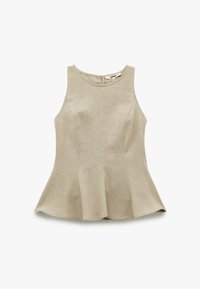 Beige ærmeløs top med peplum-kant, lavet af struktureret linned. Har en rund halsudskæring og en lynlås bagpå.