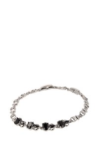 Harmaan sävyinen ranneketju, jossa on vuorotellen soikeita ja pyöreitä linkkejä, koristeltuna mustilla jalokivillä, jotka on asetettu tappi-istutuksiin.