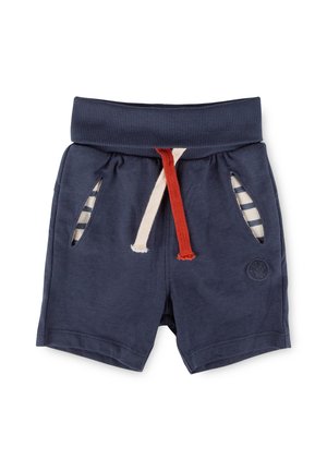 Marineblaue Kleinkind-Shorts mit geripptem Bund, roten und weißen Kordeln, gestreiftem Taschenfutter und kleinem eingeprägtem Logo am linken Bein.
