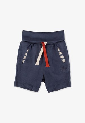 Marineblaue Kleinkind-Shorts mit geripptem Bund, roten und weißen Kordeln, gestreiftem Taschenfutter und kleinem eingeprägtem Logo am linken Bein.
