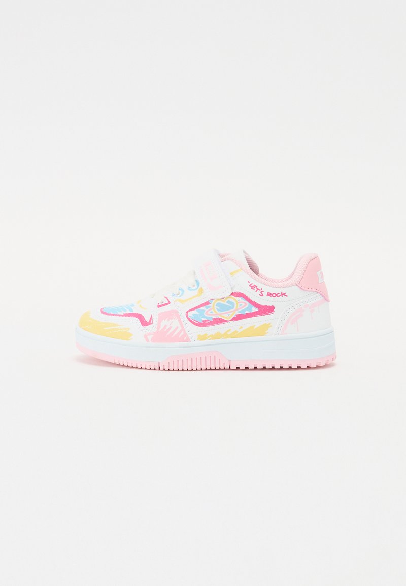 White sneaker with pink accents, featuring colorful doodle-style designs, a hook-and-loop strap, and a textured rubber sole.