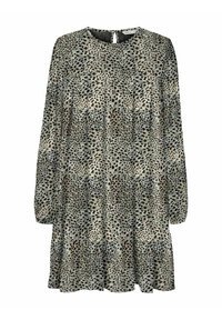 Vestido de manga larga en una tela ligera y texturizada que presenta un estampado de leopardo en tonos de beige, marrón y negro. Cuello redondo y diseño en capas.