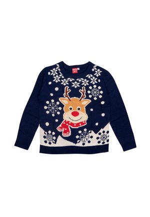 Navy blue knit sweater featuring a reindeer with a red scarf, white snowflakes, and a mountain design across the lower hem.