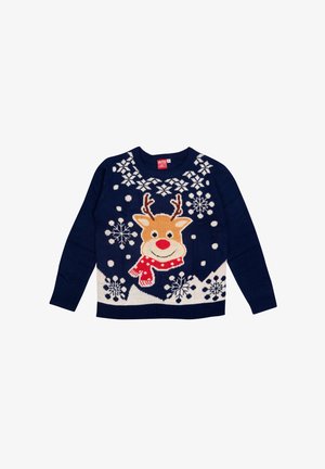 Navy blue knit sweater featuring a reindeer with a red scarf, white snowflakes, and a mountain design across the lower hem.
