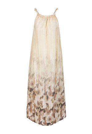 Sleeveless flowing maxi dress with thin straps, featuring a light beige to brown ombre floral pattern from top to bottom.