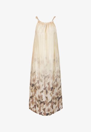 Sleeveless flowing maxi dress with thin straps, featuring a light beige to brown ombre floral pattern from top to bottom.