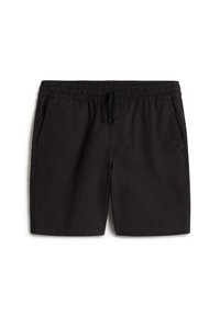 Pantaloni corti neri realizzati in tessuto leggero, con una vita elastica e cordoncino, tasche laterali e un design pulito e semplice.