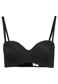 Reggiseno nero senza spalline con un design liscio e modellato. Presenta spalline sottili regolabili e una finitura leggermente testurizzata.