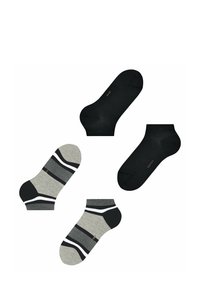 Vier Paar Knöchelsocken: zwei einfarbig schwarze, zwei graue mit schwarz-weißen Streifen. Weicher Stoff, Mischmaterialien, variierte Designs.