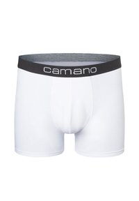 Weiße Boxer-Shorts aus dehnbarem Stoff mit einem grauen elastischen Bund, der den "camano"-Text in Weiß trägt. Glatte Textur und enganliegende Form.