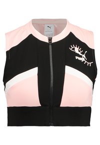 Top deportivo recortado en negro y rosa con cierre de cremallera, diseño sin mangas y logo de marca con un motivo de ojo. Fabricado con material elástico.