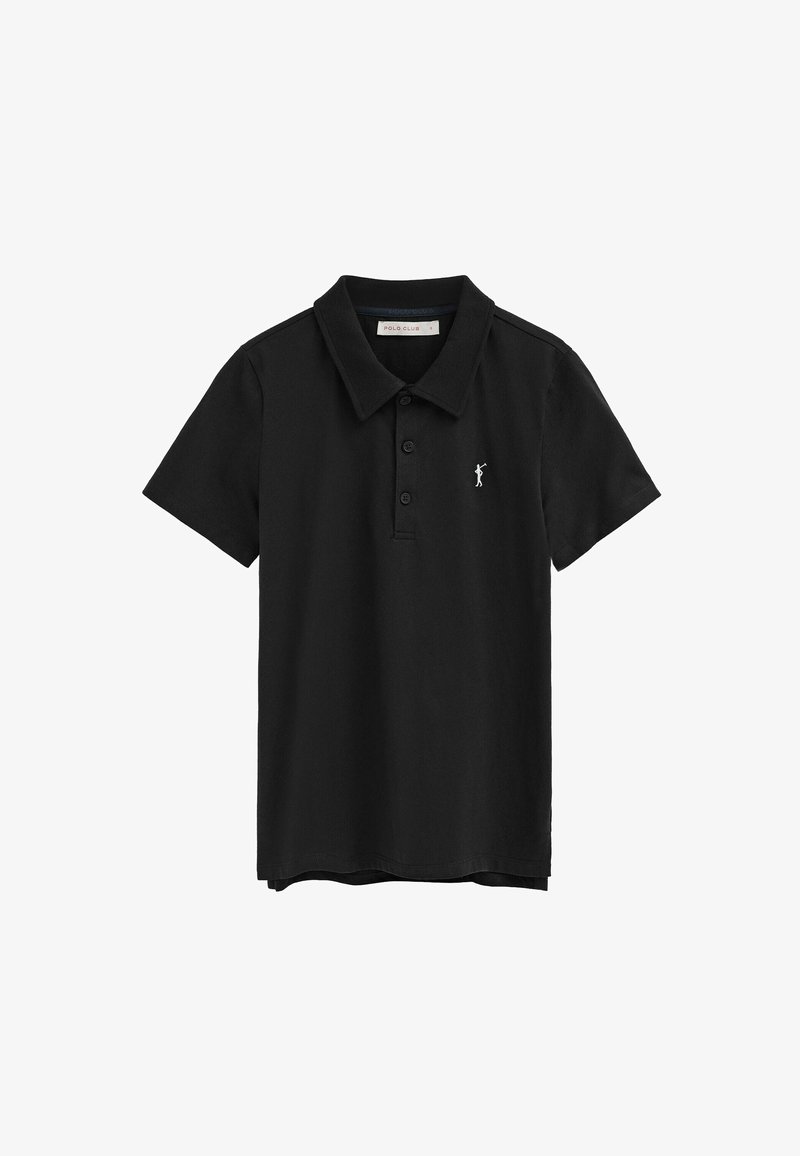 Sort kortærmet poloshirt med tre knapper og lille hvid broderet golfer-logo på venstre bryst.