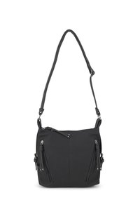 Schwarze vegan lederne Schultertasche mit strukturierter Form, ausgestattet mit zwei vorderen Reißverschlusstaschen und einem verstellbaren Trageriemen. Glatte Textur.