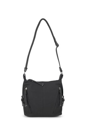 Black vegan leather shoulder bag with a structured shape, featuring two front zippered pockets and an adjustable strap. Smooth texture.