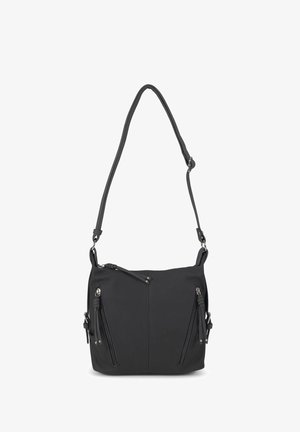 Black vegan leather shoulder bag with a structured shape, featuring two front zippered pockets and an adjustable strap. Smooth texture.