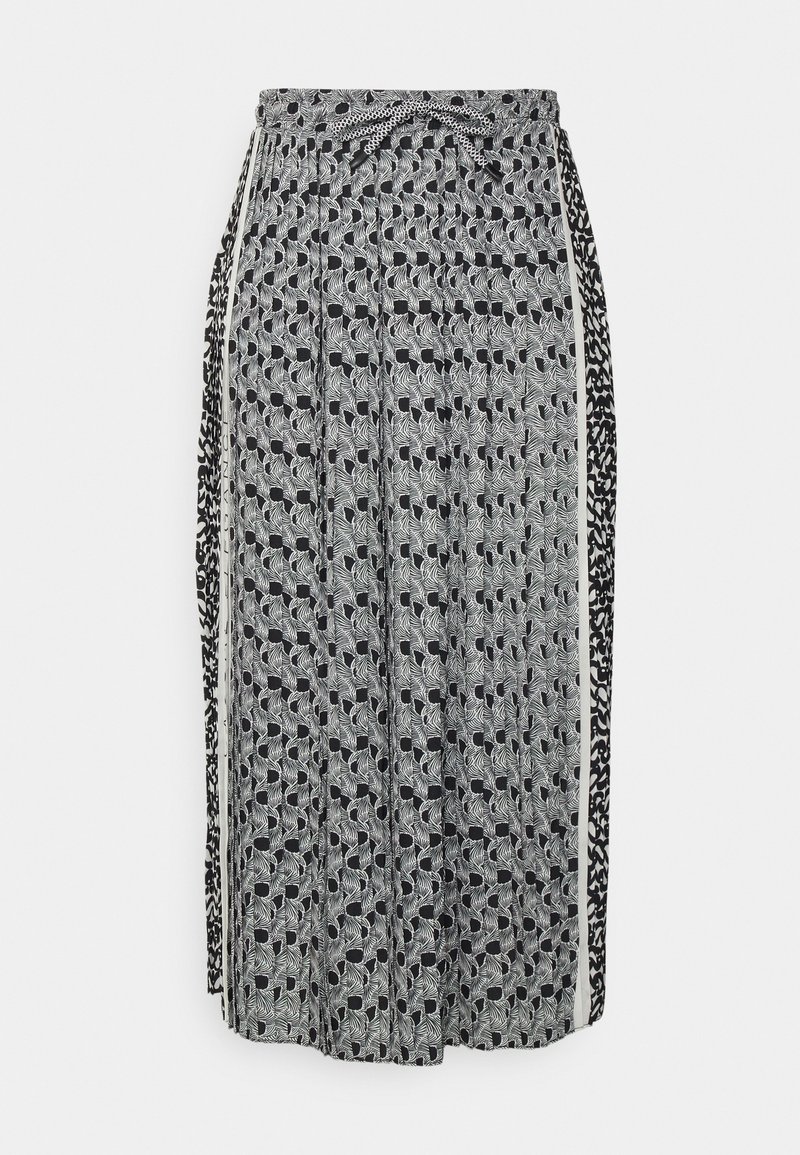 Falda maxi de patrón en blanco y negro con cintura ajustable. Presenta una mezcla de diseños abstractos y texturas. Tejido fluido con acentos laterales.