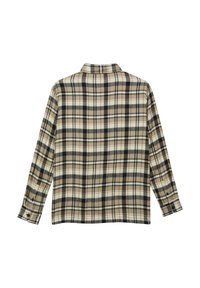 Overhemd met lange mouwen en knopen, met beige, zwart en wit ruitpatroon, weergegeven van de achterkant tegen een witte achtergrond.