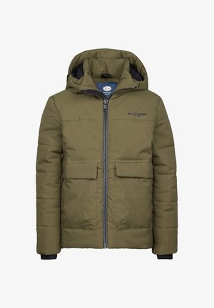 Olivově zelená prošívaná bunda s předním zipem, kapucí, dvěma velkými předními kapsami a žebrovanými manžetami. Hladký materiál s horizontálním prošíváním.