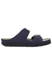 Navy blue slide sandal with a suede upper, open toe, and a buckle accent. Features a cushioned insole and a black rubber sole with stitching detail.