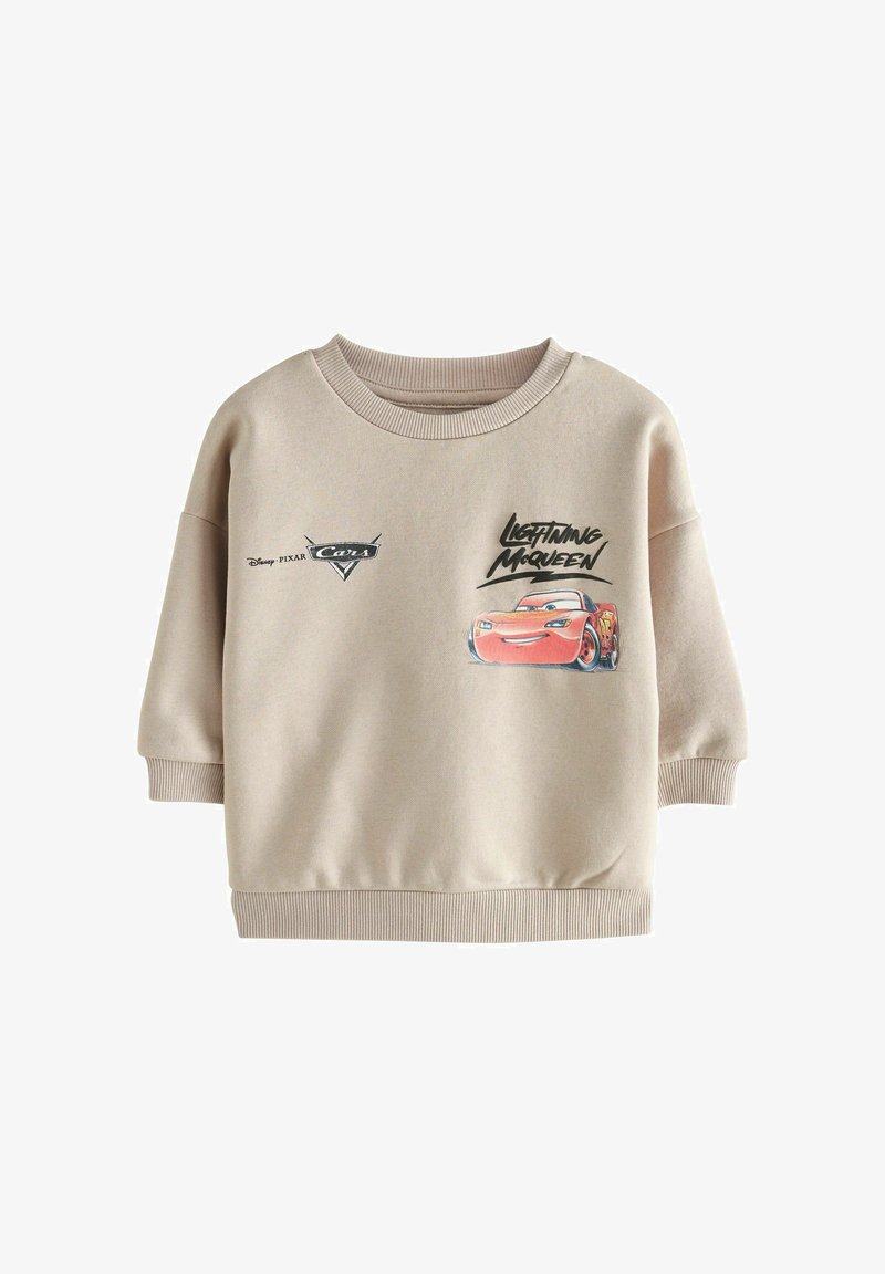Sweat-shirt beige pour enfants avec illustration de la voiture Lightning McQueen et logos Disney Pixar Cars à l'avant.