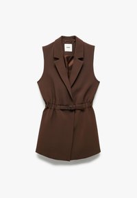Gilet marrone senza maniche con colletto sagomato, vita cintata e design strutturato. Texture liscia con una leggera lucentezza.