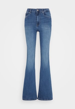 Jeansy z wysokim stanem i rozszerzanymi nogawkami w jasnoniebieskim denimu, z bezszwowym wzornictwem, delikatnym wyblaknięciem oraz klasycznym pięciopocketowym stylem.