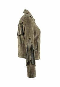 Zelená semišová bunda s dlhými strapcami na ramenách a rukávoch, so zipsovou vreckom na boku.