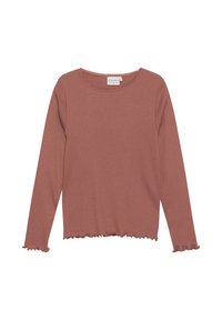 Langärmliges, geripptes Oberteil in staubigem Rosenholz mit Rundhalsausschnitt, gewelltem Saum und Rüschendetails an den Ärmeln. Hergestellt aus weichem, elastischem Material.