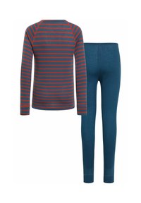 Striped long-sleeve top in dark blue with red stripes, paired with matching dark blue leggings, both made of soft, breathable fabric.