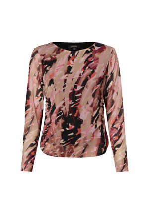 Langarmoberteil in Beige mit abstrakten Mustern in Rosa, Rot und Schwarz. Glatte Textur mit Rundhalsausschnitt und figurbetonter Silhouette.