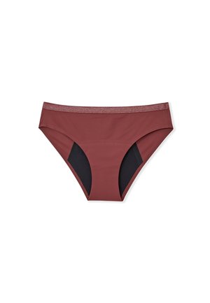 Bas de bikini bordeaux avec un insert noir contrastant, présentant une texture lisse et une taille métallique. Design à coupe classique.