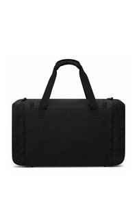 Borsa da viaggio nera realizzata in tessuto resistente, con una forma rettangolare, due manici robusti e una chiusura con cerniera.