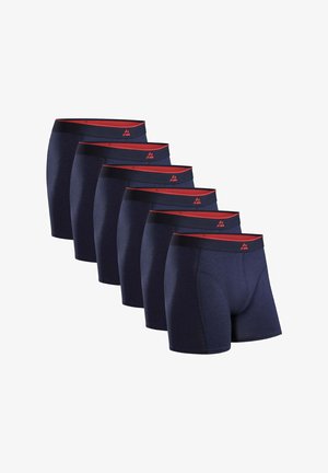 Set di sei boxer blu navy, caratterizzati da una texture morbida, elastico rosso in vita e un design aderente per comfort e supporto.