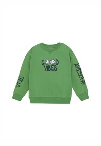 Grüner Sweatshirt aus Baumwollmischung, mit marineblauer Druckschrift mit "GOOD VIBES" und "STAY AWESOME" auf Ärmeln und Brust. Gerippte Bündchen.
