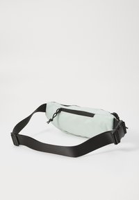 Sac de taille en tissu vert menthe avec une fermeture éclair noire, une sangle ajustable noire et des détails en cordon élastique. Design compact et forme arrondie.